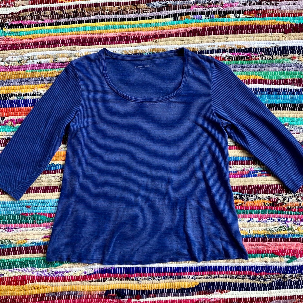 Eileen Fisher ~ Blue and black striped linen tee 3/4 sleeves
